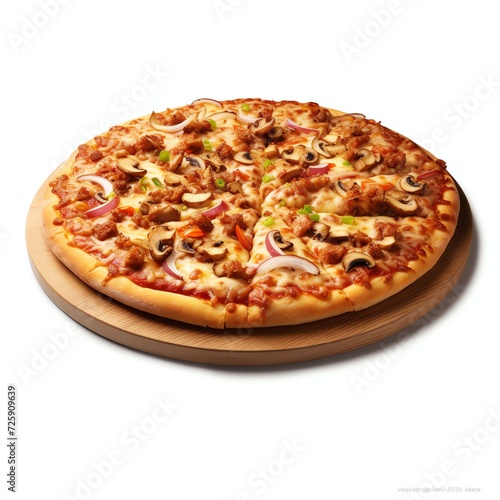 a traditional supreme pizza, studio light , isolated on white background