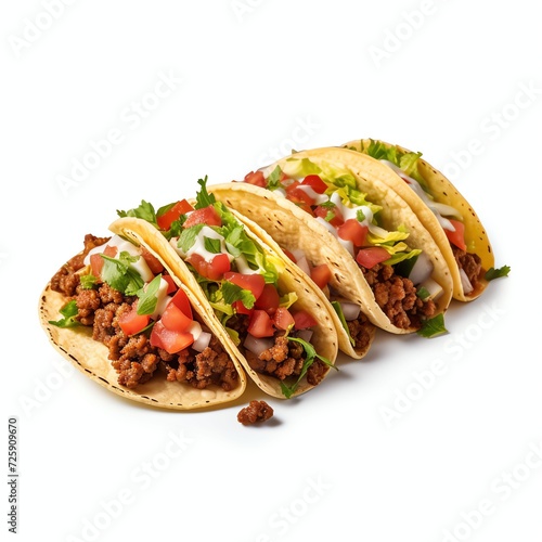 a mexican tacos with beef in tomato sauce and salsa, studio light , isolated on white background