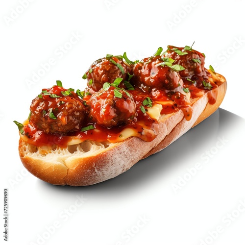 a toasted meatballs topped with spicy sauce, studio light , isolated on white background
