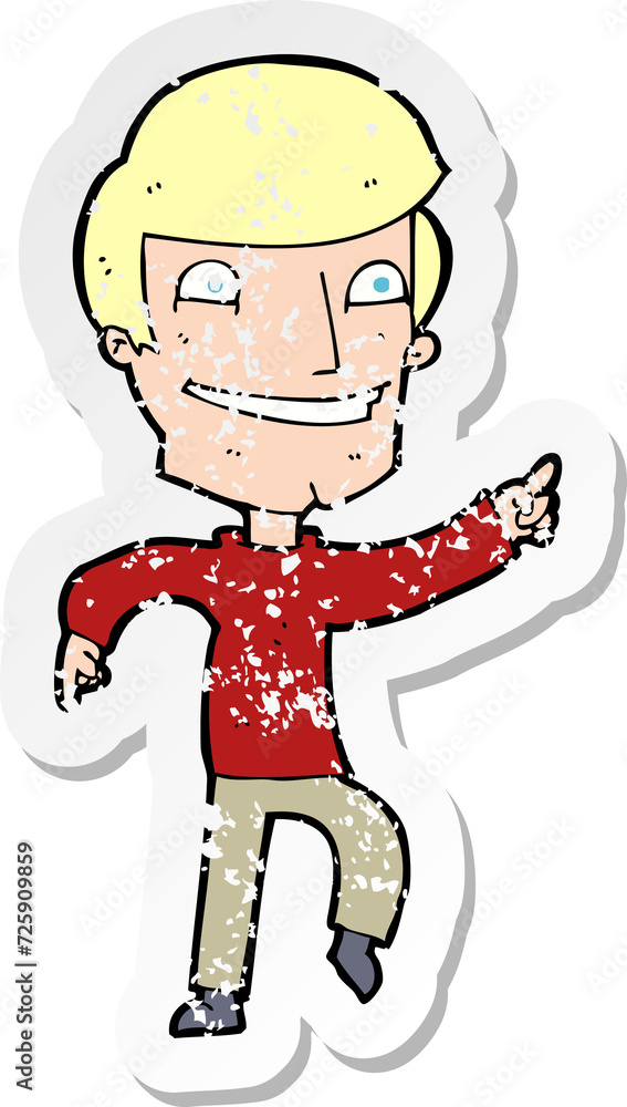 retro distressed sticker of a cartoon happy man pointing retro distressed sticker of a cartoon happy man pointing
