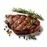 a steak with a sprig of rosemary and herbs on it on a grill grilled meat