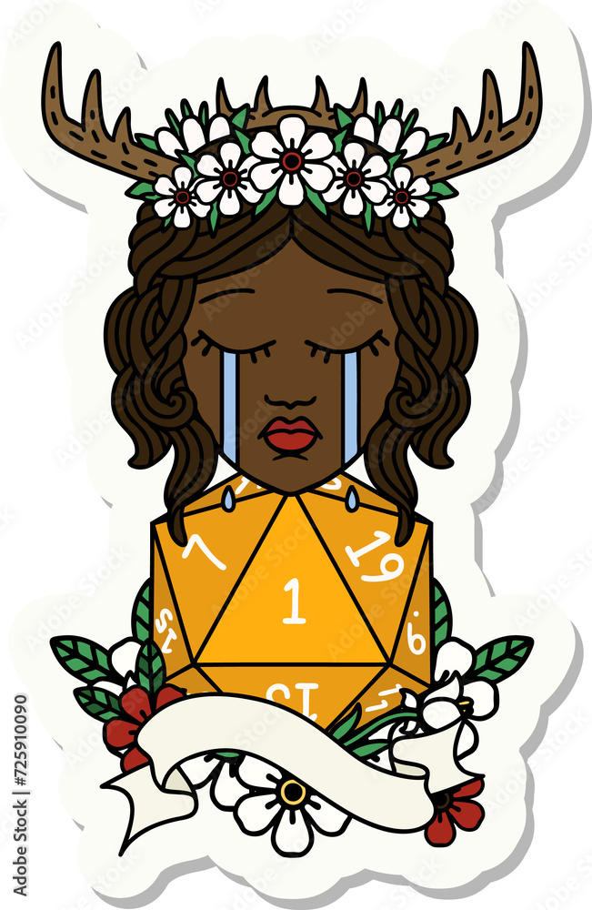 crying human druid with D20 natural one roll sticker crying human druid with D20 natural one roll sticker