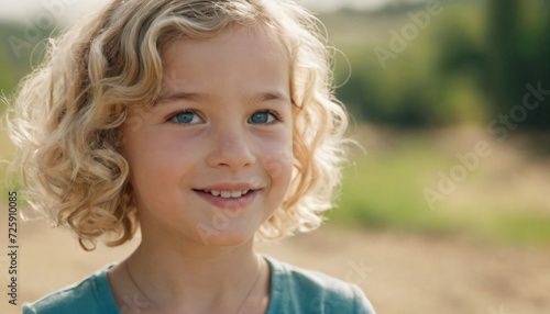 Young Blonde Girl with Curly Hair and Cheerful Expression - Sky Blue Eyes, Head and Shoulders Portrait, Soft Light