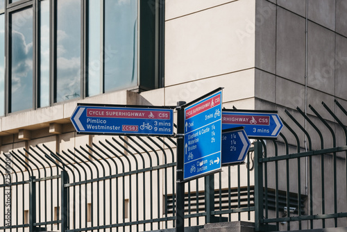 Directions and signs for cycling superhighway Vauxhall, London, UK, selective focus. photo