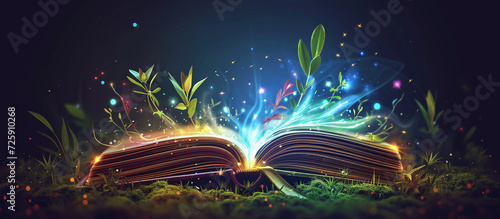 World Book Day. Fantasy and literature concept. magic book with fantastic plants inside