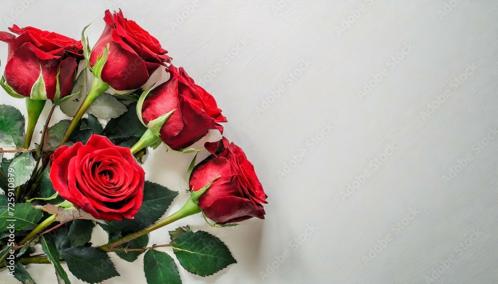 Bouquet de roses rouges, romantique sur un fond clair . Posé à plat et vue de dessus avec un espace pour le texte - obrazy, fototapety, plakaty 