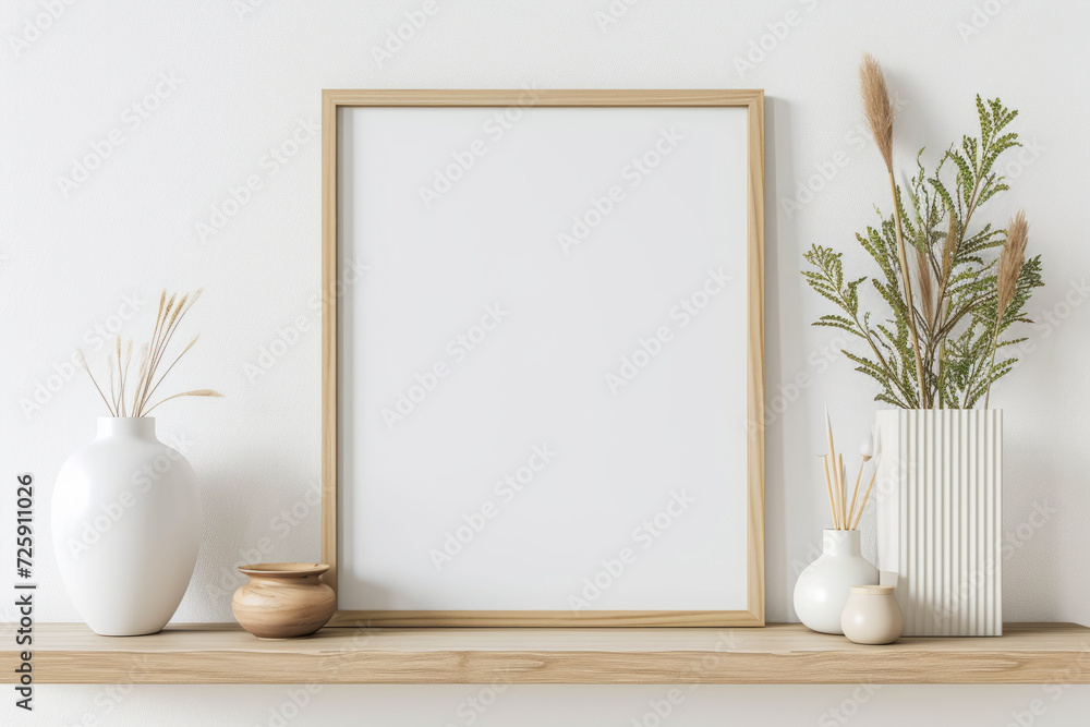 Essential aesthetics come to life: A square empty mock-up poster frame graces a wooden shelf, within a modern living room boasting white walls and carefully curated home decor pieces. Essential aesthetics come to life: A square empty mock-up poster frame graces a wooden shelf, within a modern living room boasting white walls and carefully curated home decor pieces.
