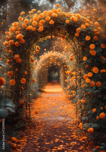 Path in garden with archway covered in flowers. Spring flowery parks. AI generated