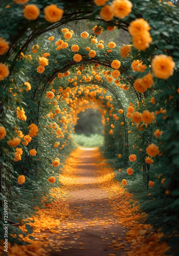 Path in garden with archway covered in flowers. Spring flowery parks. AI generated