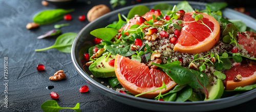 Vegan fresh healthy salad with avocado, grapefruit, pomegranate and kino
