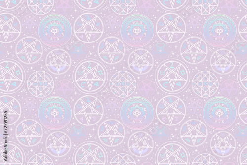 Seamless pattern of different mystical symbols and circles
