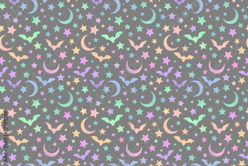 Seamless pattern of multicolored bright bats, moon and stars