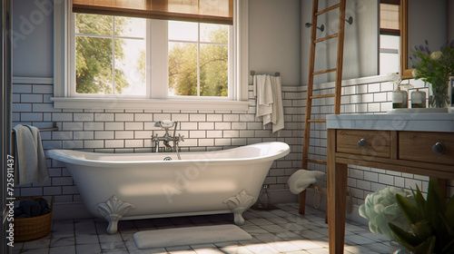 interior design of farmhouse style bathroom with classic tub