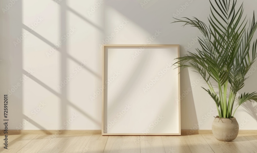 blank picture frame mockup in a room with plants and wooden floor blank picture frame mockup in a room with plants and wooden floor