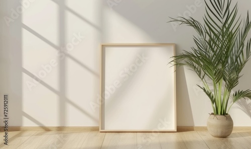 blank picture frame mockup in a room with plants and wooden floor