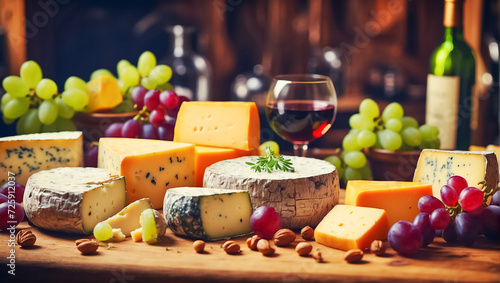 Various gourmet cheeses, fresh grapes, wine on the table in the kitchen italian