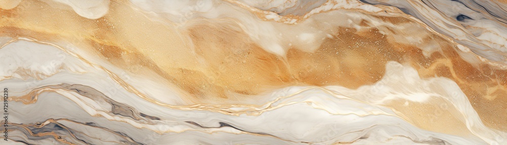 Obraz premium Luxurious beige marble texture with gold veins, ideal for high-end design backgrounds, wallpaper, covers, or elegant product presentations. Panoramic banner.