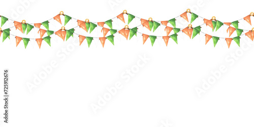 St. Patrick's Day bunting set isolated on white background. Pub party decorations, seamless Ireland borders. Eat, Drink and Be Irish. For design, decor, flyers, print
