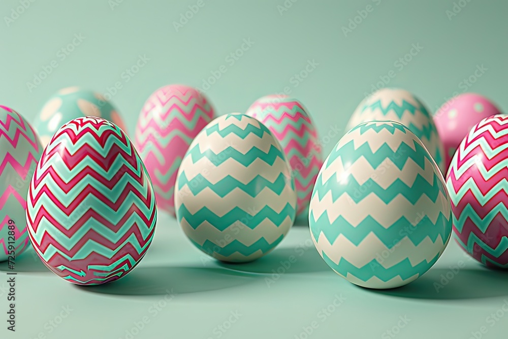 Easter eggs with chevron patterns in pink and turquoise hues arranged on a matching pastel green background. Easter eggs with chevron patterns in pink and turquoise hues arranged on a matching pastel green background.