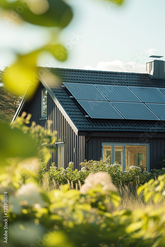 AI generated House with solar panels on the roof. Sustainable and clean energy at home.