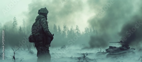 Soldier in modern warfare on a smoky winter battlefield. © AkuAku