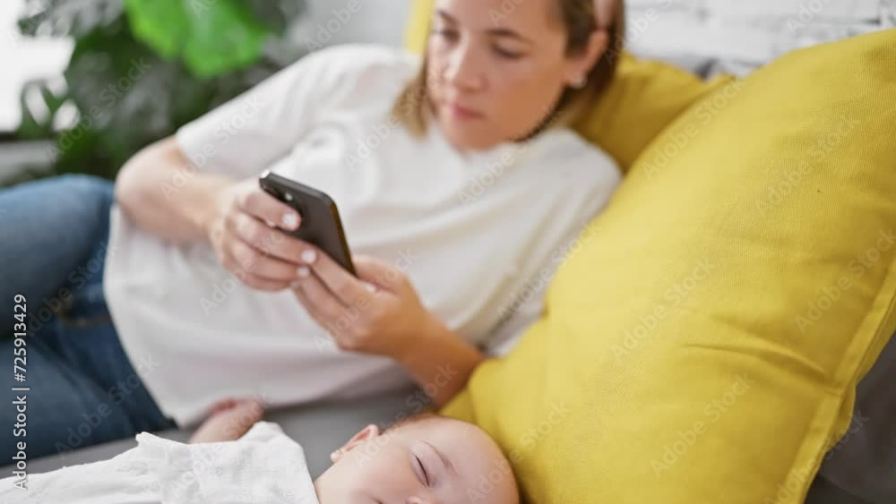 Exhausted mother lovingly typing a message on her smartphone, while her innocent baby daughter sleepily dozes off on the bed, immersed in the serene atmosphere of their cozy bedroom at home. Exhausted mother lovingly typing a message on her smartphone, while her innocent baby daughter sleepily dozes off on the bed, immersed in the serene atmosphere of their cozy bedroom at home.