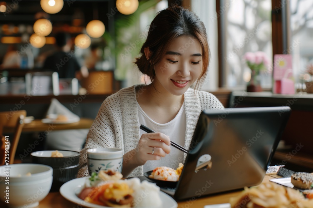 asian woman enjoying brunch while using laptop. asian woman enjoying brunch while using laptop.