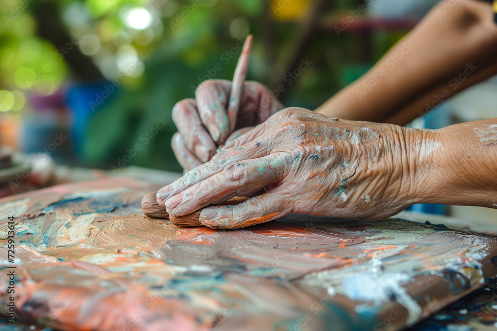 Hands molding clay or painting on a canvas, demonstrating the use of art as a form of expression and coping mechanism Hands molding clay or painting on a canvas, demonstrating the use of art as a form of expression and coping mechanism