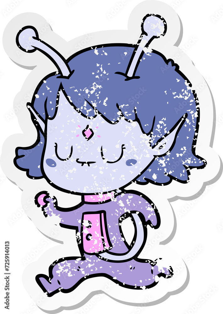 distressed sticker of a cartoon alien girl distressed sticker of a cartoon alien girl