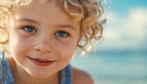 Young Blonde Girl Smiling at Ocean in Swimming Pool - Soft Light and Curly Hair