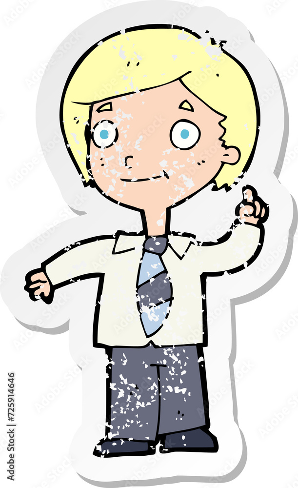 retro distressed sticker of a cartoon school boy answering question retro distressed sticker of a cartoon school boy answering question