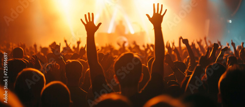 cheering crowd at rock concert in front of bright lights. ai generative.