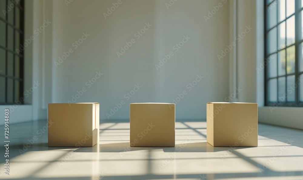 Stack of cardboard boxes in white room with sunlight. Space for text. Box mockup on white Stack of cardboard boxes in white room with sunlight. Space for text. Box mockup on white