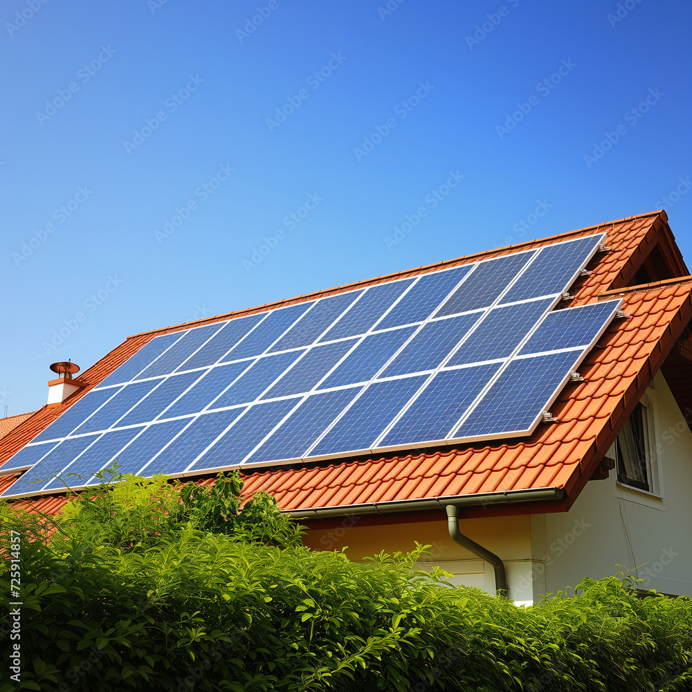 AI generated House with solar panels on the roof. Sustainable and clean energy at home.