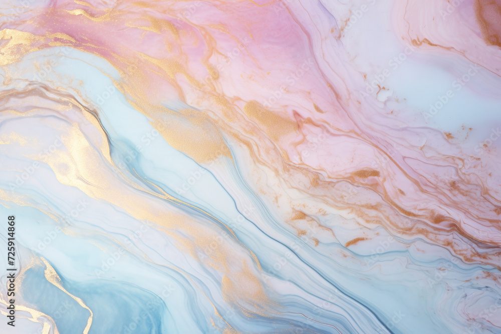 Dreamy marble texture blending pink and blue hues with luxurious gold accents, perfect for creative backdrops, chic wallpapers, or elegant stationery. Pastel colors.