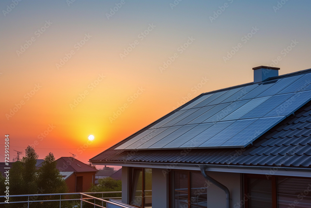 Solar panels on the roof of a modern house at dawn, wide angle. AI generated Solar panels on the roof of a modern house at dawn, wide angle. AI generated
