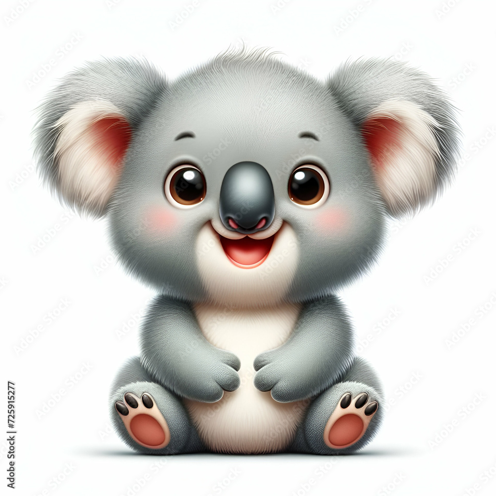 Cute Funny Happy Wide-Eyed Alert Little Cartoon Wild Australian Tropical Rainforest Koala Bear Animal Character Poses Sitting Facing Camera isolated white background. Minimalistic Nursery Wall Mural. Cute Funny Happy Wide-Eyed Alert Little Cartoon Wild Australian Tropical Rainforest Koala Bear Animal Character Poses Sitting Facing Camera isolated white background. Minimalistic Nursery Wall Mural.