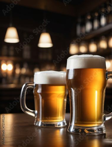 Photo Of Mugs Full Of Beer On A Bar Counter, Dramatic Lighting Illustration.