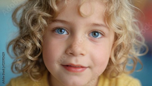 Young Blonde Girl with Curly Hair and Cheerful Expression - Sky Blue Eyes, Soft Light Portrait