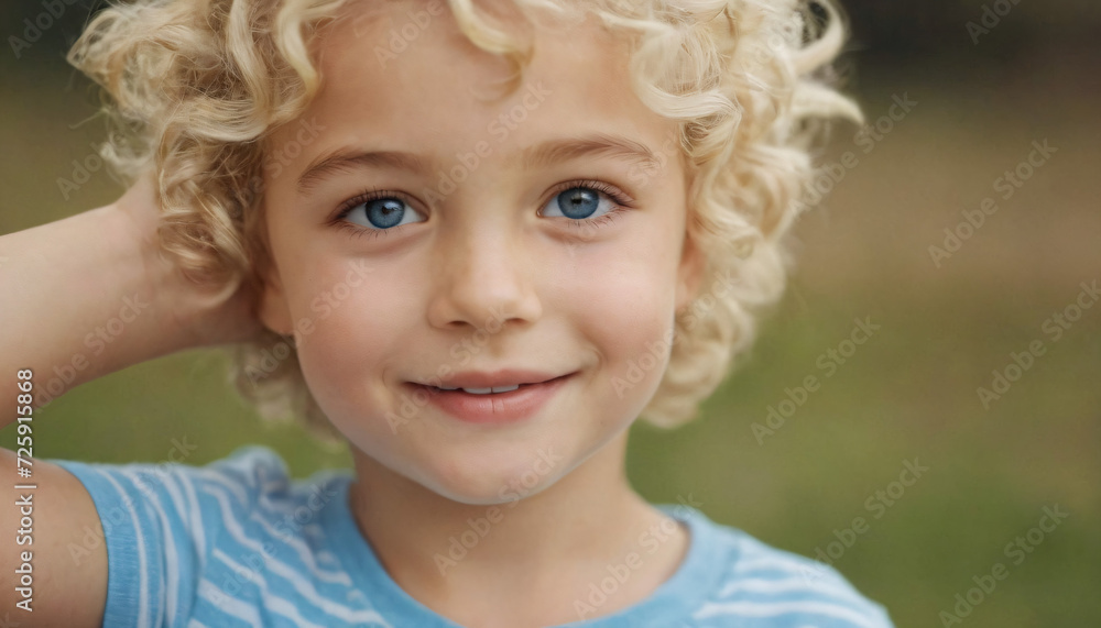 Young Blonde Boy in Blue Shirt Smiling Warmly with Curly Hair and Sky-Blue Eyes Young Blonde Boy in Blue Shirt Smiling Warmly with Curly Hair and Sky-Blue Eyes