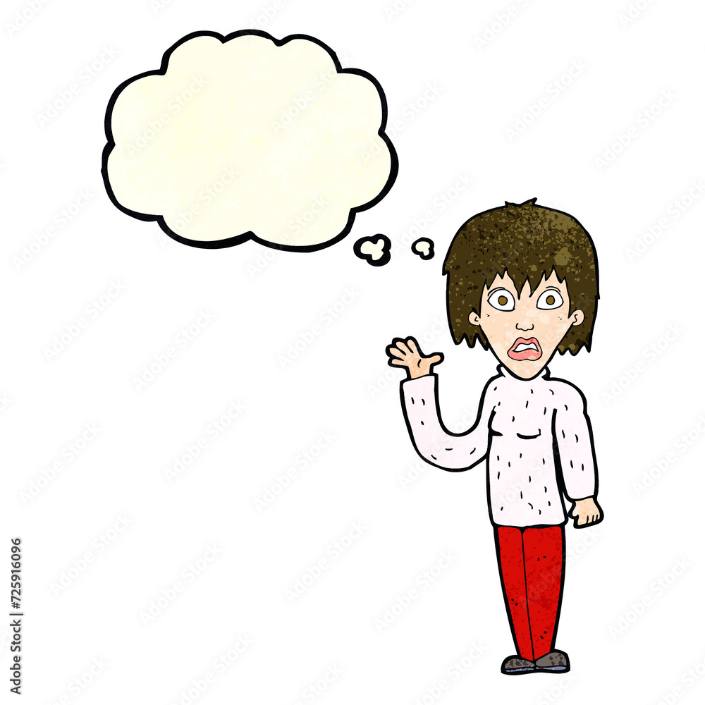 cartoon shocked woman waving hand with thought bubble cartoon shocked woman waving hand with thought bubble
