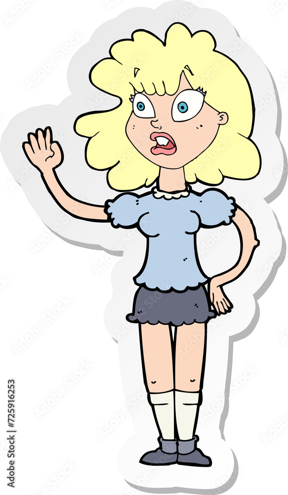 sticker of a cartoon worried woman waving sticker of a cartoon worried woman waving