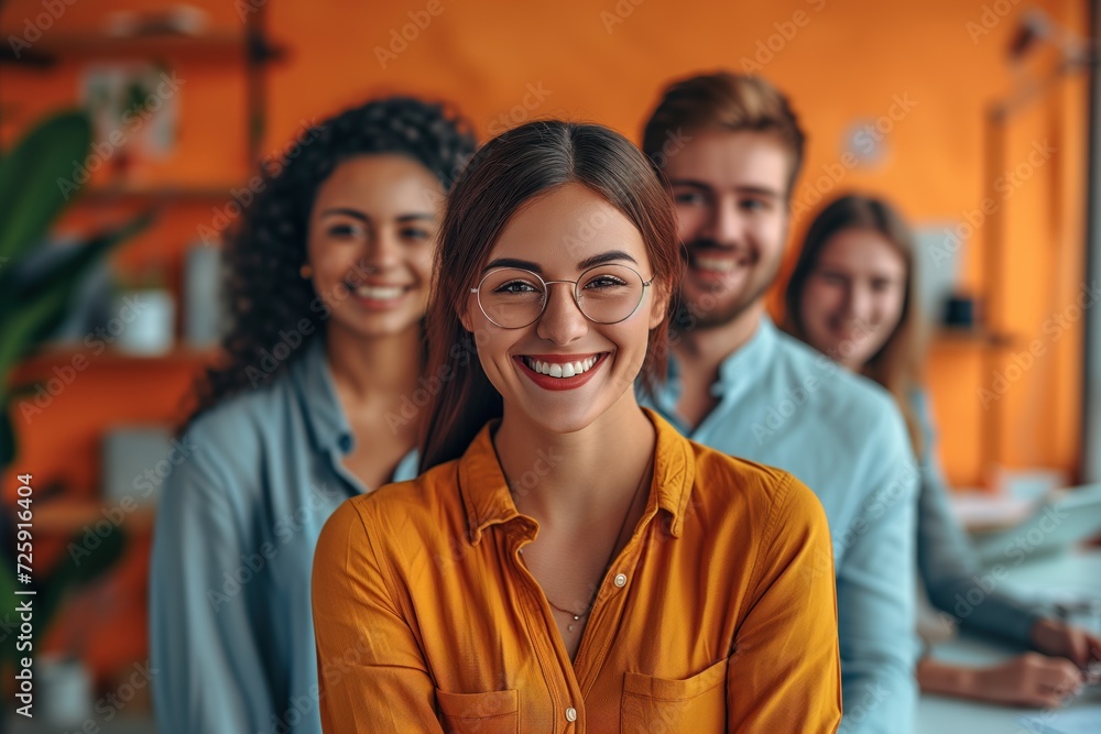 Young Woman leader in a small undertakings office, her diverse and cheerful team behind of her Young Woman leader in a small undertakings office, her diverse and cheerful team behind of her