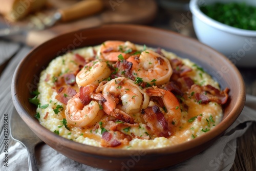 Creamy Grits with Shrimp and Bacon. 