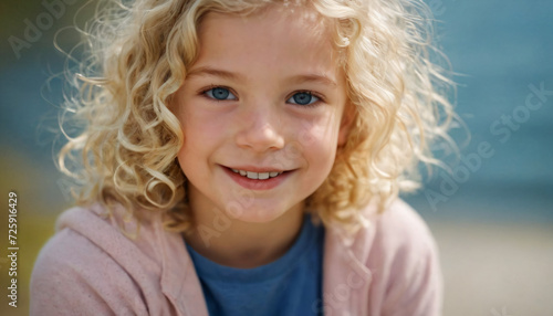 Adorable Young Blonde Girl in Pink Sweater and Blue Shirt, Smiling with Cheerful Expression and Sky-Blue Eyes, Head and Shoulders Portrait, Soft Light photo