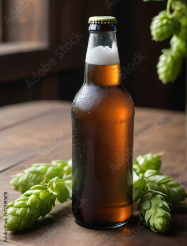 Photo Of Single Craft Beer Bottle With Condensation, Suggesting It Is Chilled, Its Placed On A Wooden Table, Accompanied By Fresh Hops, Which Are Commonly Used In Brewing Beer, Flavor And Aroma.