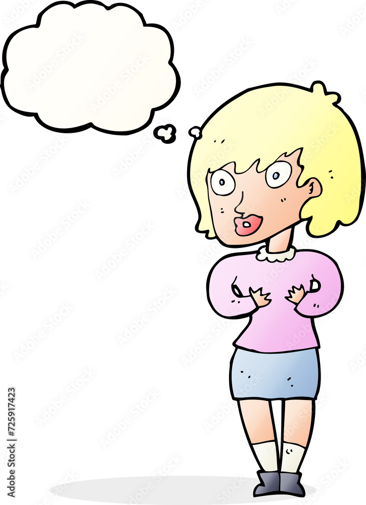 cartoon woman making Who Me? gesture with thought bubble cartoon woman making Who Me? gesture with thought bubble