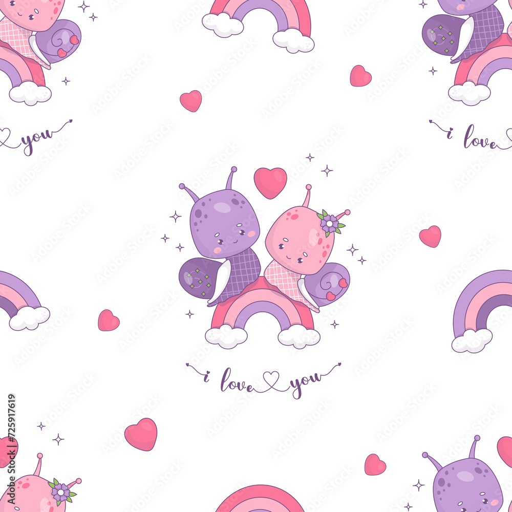 Seamless pattern with loving couple snails on rainbow Seamless pattern with loving couple snails on rainbow