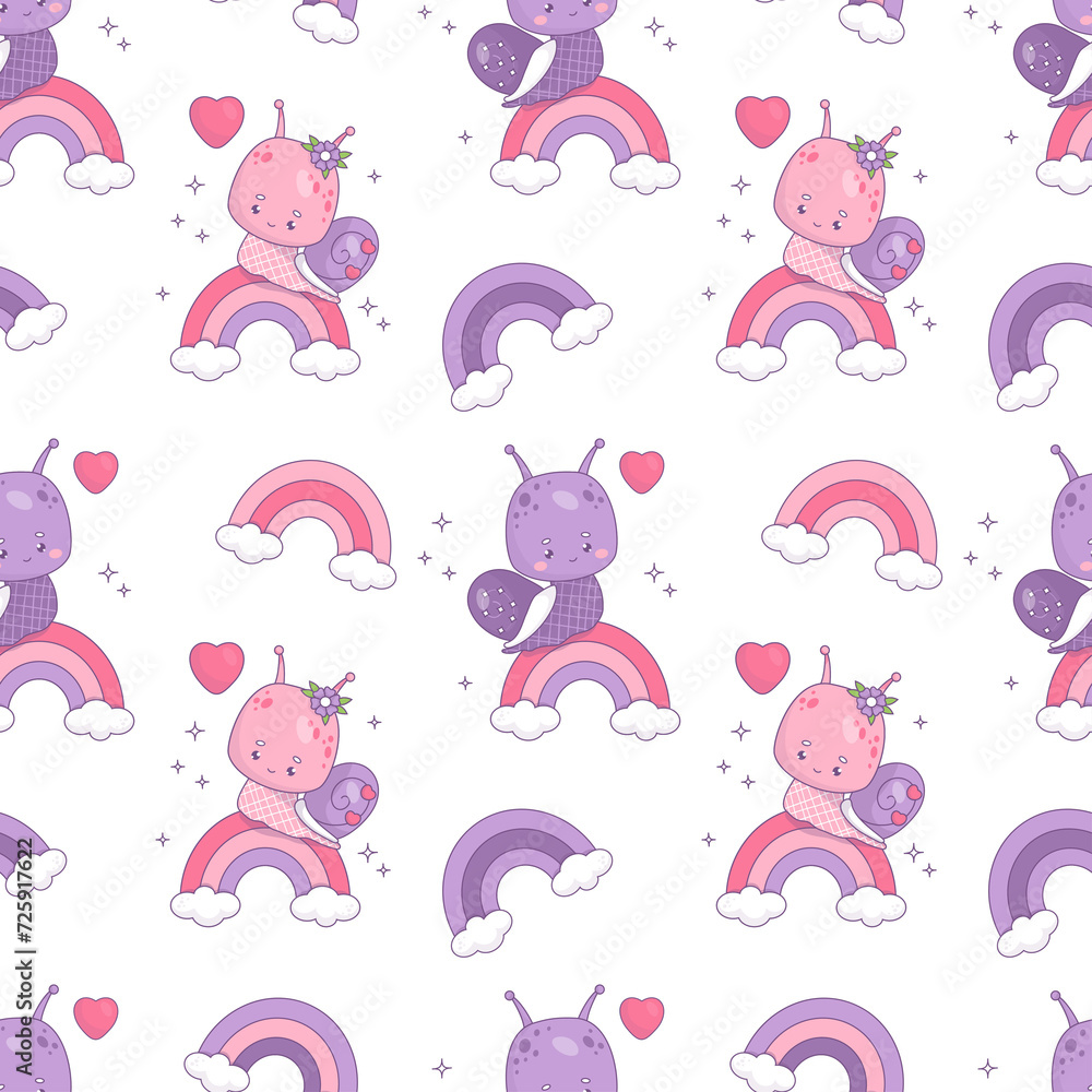Fototapeta premium Seamless pattern with snail girl and boy on rainbow