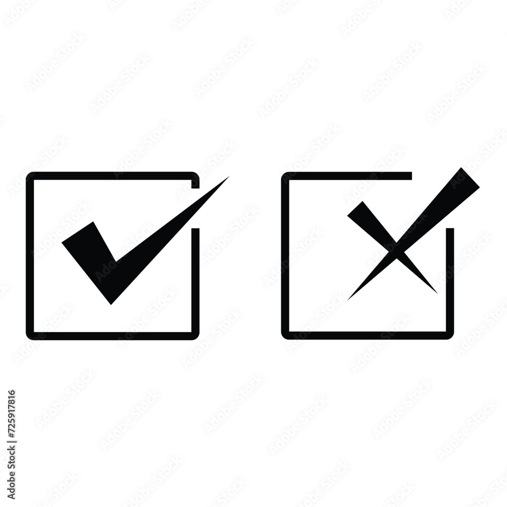 Tick and cross signs. black check mark on white background. Simple marks graphic design. Circle symbols YES and NO button for vote, decision, web. Vector illustration. EPS FILE 36. Tick and cross signs. black check mark on white background. Simple marks graphic design. Circle symbols YES and NO button for vote, decision, web. Vector illustration. EPS FILE 36.